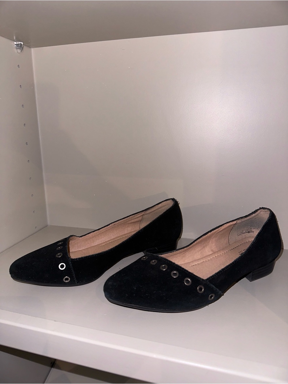 Woman's Suede Style Heeled Flats with Gunmetal Eyelet Detail
